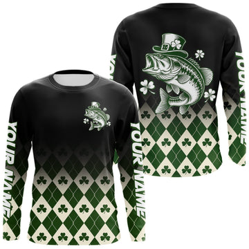 Maxcorners St. Patrick’S Day Bass Fishing Shirt, Shamrock Argyle Long Sleeve Shirt For Anglers LM0609