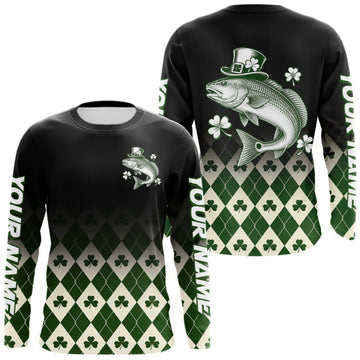 Maxcorners St. Patrick’S Day Redfish Fishing Shirt, Shamrock Argyle Long Sleeve Shirt For Anglers LM0609