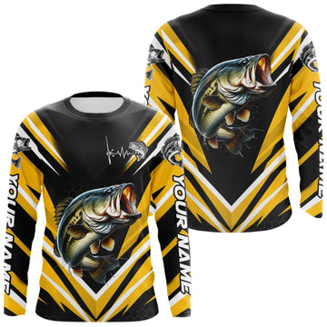 Maxcorners Largemouth Bass Fishing Long Sleeve Shirt Custom Yellow Black Fish Performance Jersey LM0410