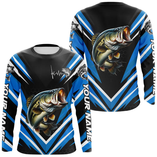 Maxcorners Largemouth Bass Fishing Long Sleeve Shirt Custom Blue Black Fish Performance Jersey LM0410
