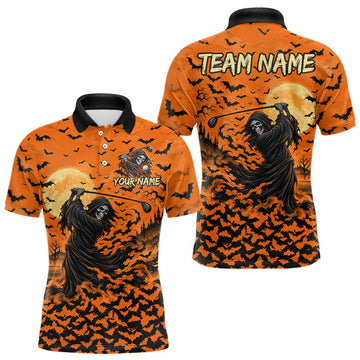 Maxcorners Grim Reaper Golf Halloween Orange Men Polo Shirt Custom Bats Full Moon Sports Club Jersey