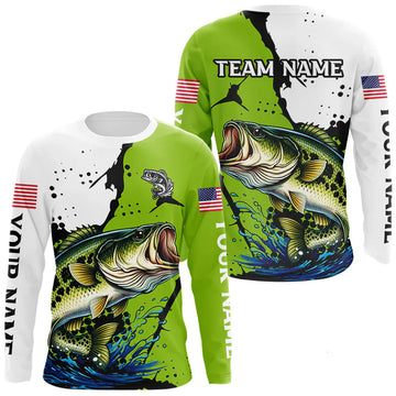 Maxcorners Green Camo Largemouth Bass Fishing Shirts Long Sleeve, Custom Big Bass Fishing Jerseys LM2602
