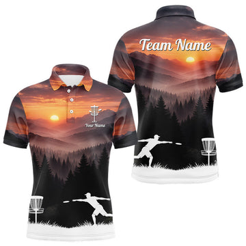 Maxcorners Mens Disc Golf Shirts Custom Mountain Sunset Polo, Lightweight Performance Wear Team Disc Golf Apparel LM1904