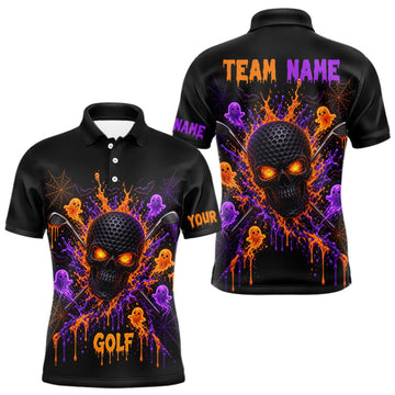 Maxcorners Personalized Spooky Halloween Men Golf Polo Shirt, Orange Purple Skull Dripping Slime Apparel LM0409