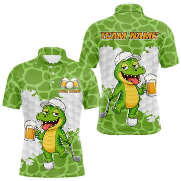 Maxcorners Custom Funny Alligator Drinking Beer Men Golf Polo Shirt Personalized Team Uniform| Green LM2709