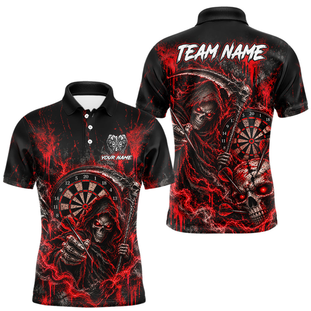 Maxcorners Grim Reaper Darts Polo Shirt For Men Custom Quarter Zip Red Blood Dart Board Tournament Jersey