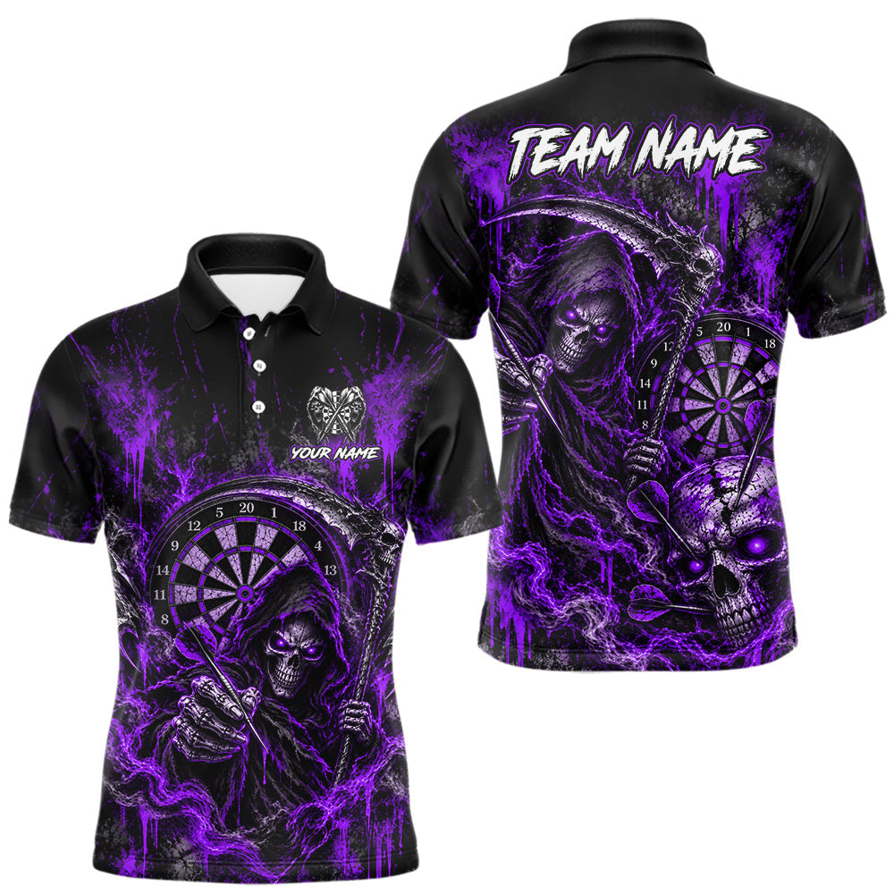 Maxcorners Grim Reaper Darts Polo Shirt For Men Custom Quarter Zip Purple Blood Dart Board Tournament Jersey