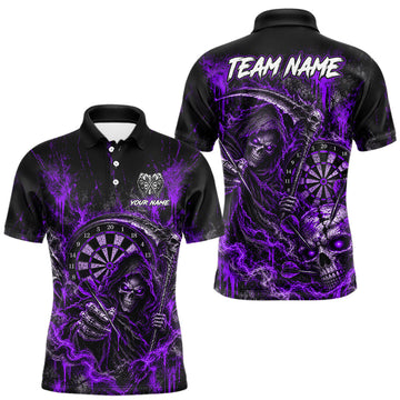 Maxcorners Grim Reaper Darts Polo Shirt For Men Custom Quarter Zip Purple Blood Dart Board Tournament Jersey