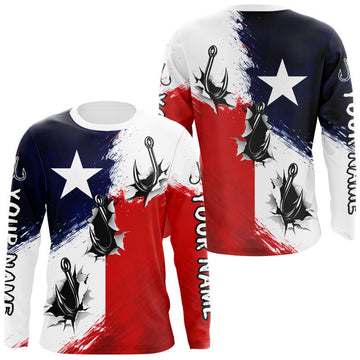 Maxcorners Texas Fishing Fish Hooks Patriotic Fishing Shirt Long Sleeve, Custom Name Fishing Jerseys LM0404
