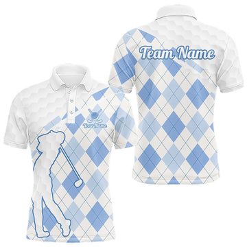 Maxcorners Personalized Blue White Argyle Plaid Pattern Mens Golf Polo Shirts, Blue Golf Tops For Mens LM0404