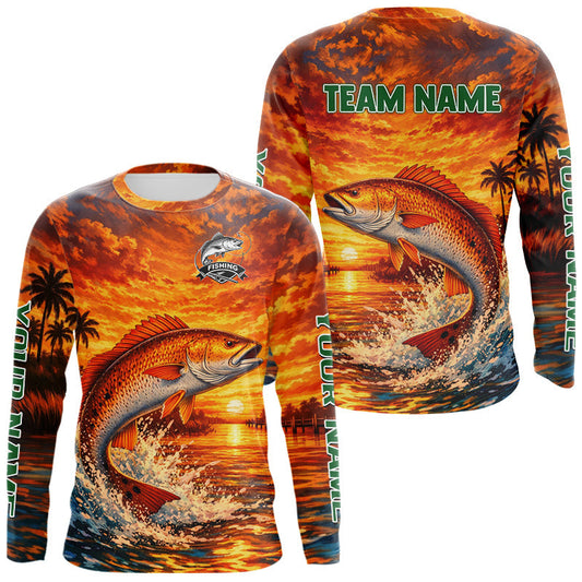 Maxcorners Personalized Redfish Fish Fishing Shirt Long Sleeve – Sunset Ocean Design