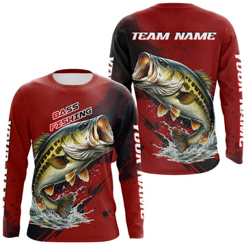 Maxcorners Bass Fishing Red Camo Custom Name UV Protection Fishing Shirts Long Sleeve For Men LM1203