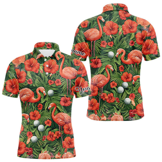 Custom Hibicus Flamingo Floral Golf Polo Shirts For Men, Flower Golf Team Shirts LM1203