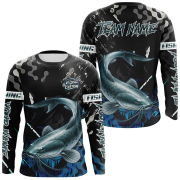 Maxcorners Black Camo Custom Catfish Fishing Shirts Long Sleeve, Catfish Fishing Jerseys For Men LM0503