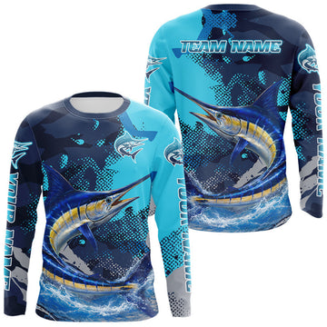 Maxcorners Marlin Fishing Blue Camo Custom Name Long Sleeve, Long Sleeve Hooded Fishing Shirt LM0402
