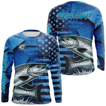 Maxcorners Chinook Salmon Fishing Shirts Long Sleeve With American Flag, Personalized Salmon Fishing Gift For Father Days LM0404