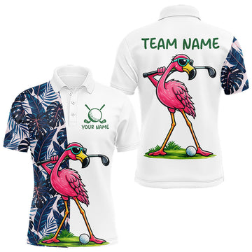 Maxcorners Funny Flamingo Mens Golf Polo Shirts Blue Tropical Flamingo Custom Name, Golf Gifts