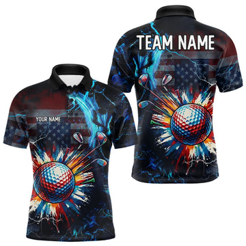 Maxcorners American Flag Mens Golf Polo Shirt Custom Name Black Golf Shirt, Patriotic Golf Team Shirts LM0706
