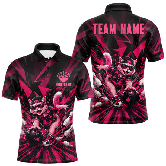 Maxcorners Funny Pink Cat Custom Polo & 1/4 Quarter Zip Bowling Shirts For Men, Cat Bowling Team Outfits