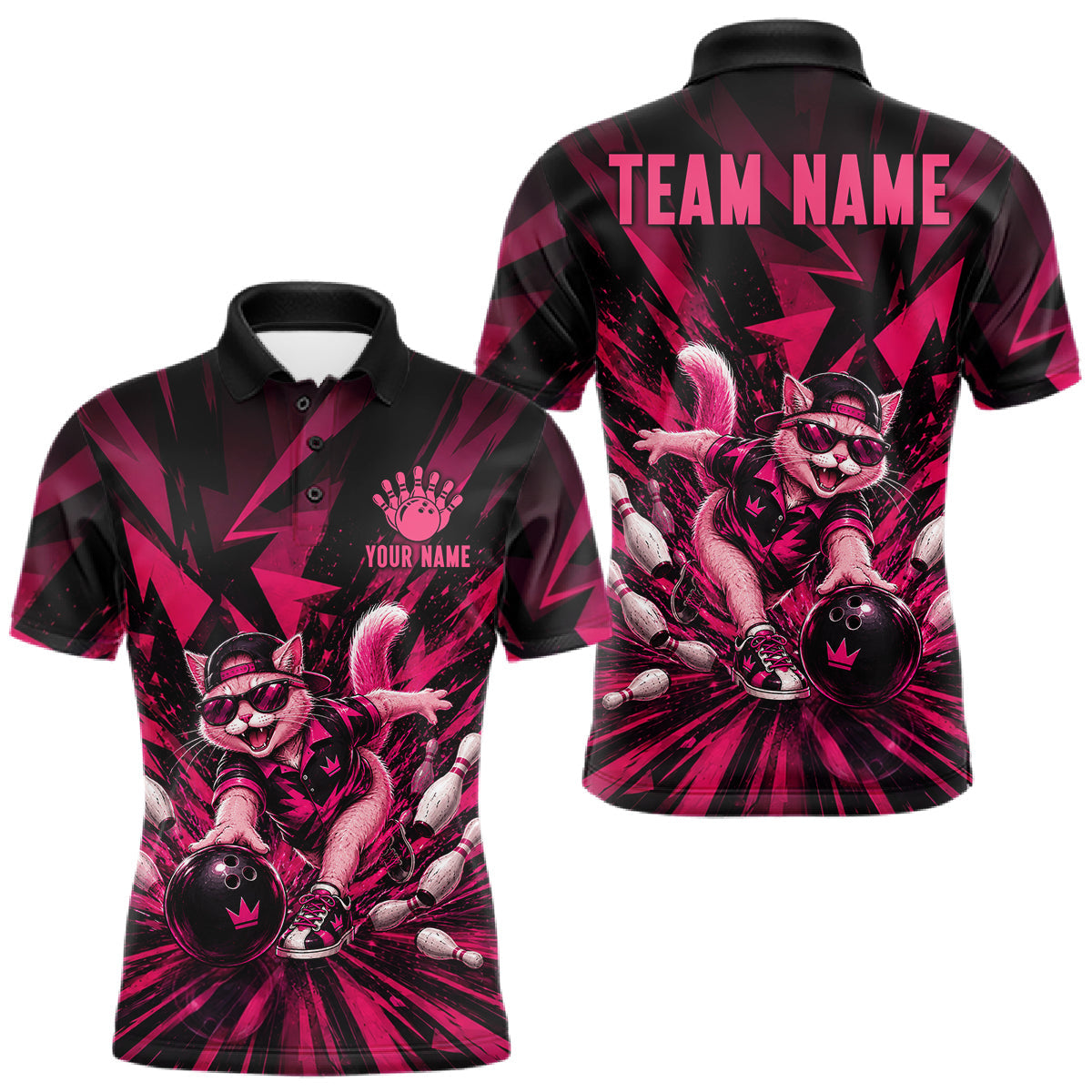 Maxcorners Funny Pink Cat Custom Polo & 1/4 Quarter Zip Bowling Shirts For Men, Cat Bowling Team Outfits