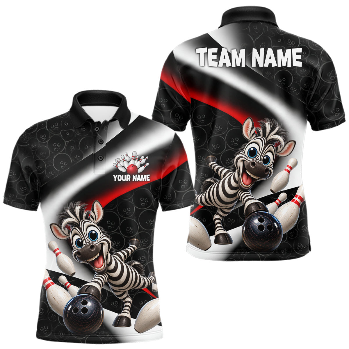 Maxcorners Funny Zebra Bowling Team Shirt For Men Custom Bowling League Outfit Polo & 1/4 Quarter Zip