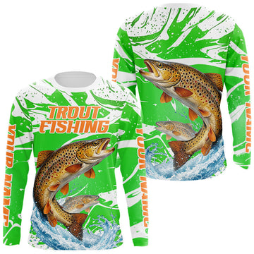 Maxcorners Big Brown Trout Fishing Shirts Long Sleeve Green Camo Custom Name, Tournament Fishing Jerseys LM2602