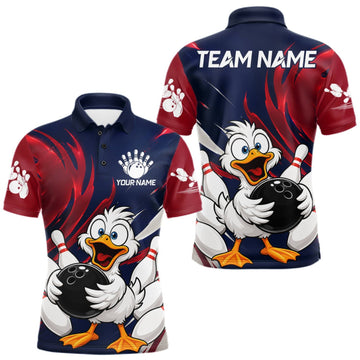 Maxcorners Custom Funny Red Blue Duck Mens Bowling Jersey Polo & 1/4 Quarter Zip, Duck Bowling Team Shirts LM1508
