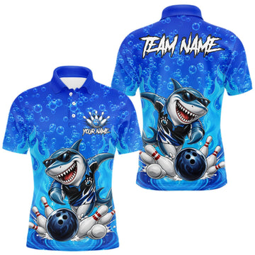 Maxcorners Custom Funny Blue Shark Bowling Polo Shirts For Men, Shark Bowling Team Shirt LM1508