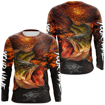 Maxcorners Personalized Big Bass Fishing Jerseys Orange Camo, Bass Fishing Shirts Long Sleeve LM2602