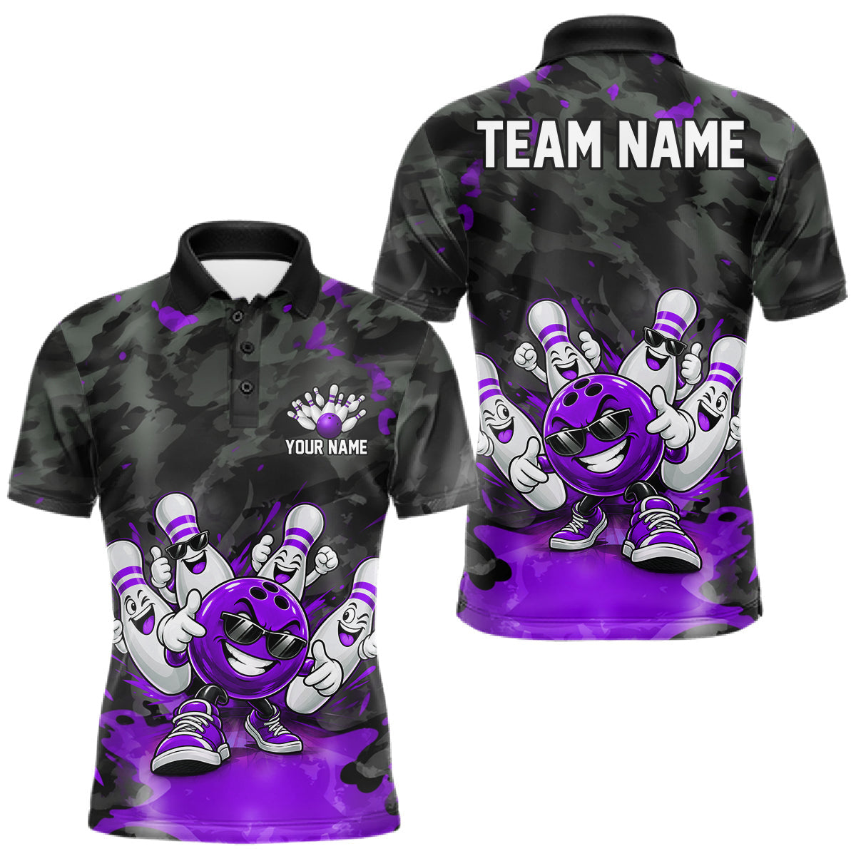 Maxcorners Custom Funny Bowling Shirts For Men Bowling Team Jersey Polo & Quarter Zip Bowling League|Purple