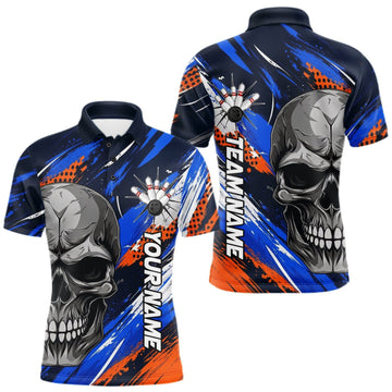 Maxcorners Blue And Orange Bowling Shirt Custom Skull Bowling Jersey Men Bowling Polo Quarter-Zip Shirt For Team LM1910