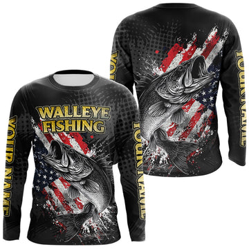 Maxcorners Walleye Custom Made Fishing Shirts, American Flag Walleye Fishing Shirts Long Sleeve LM0503