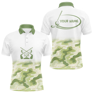 Maxcorners Green And White Camo Mens Golf Polo Shirts Customized Camouflage Golf Shirts For Men, Golfer Gifts