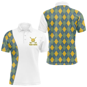 Maxcorners Golf Polo Shirts For Men Custom Argyle Plaid Pattern Golf Shirts, Gift For Golf Lovers