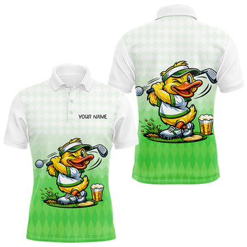 Maxcorners Funny Duck Golf Polo Shirt For Men, Cute Duck With Beer Print Shirt, Sporty Animal Golf Gift|Green LM1904