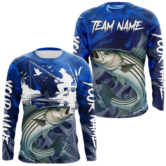 Maxcorners Striped Bass Fishing Jersey Custom Name Long Sleeve Fishing Shirts, Stripe Bass Fishing Shirt For Team LM2306