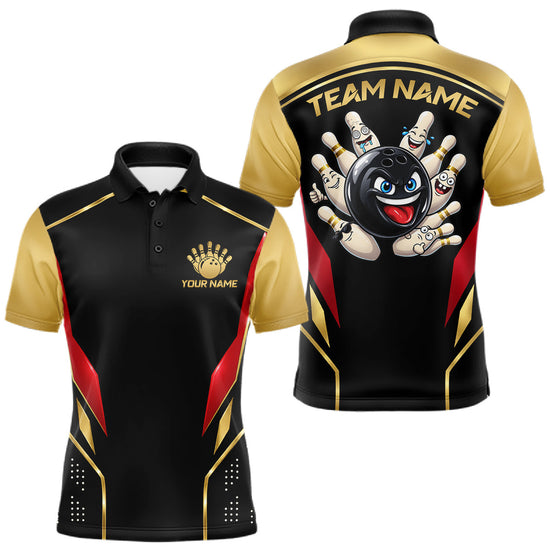 Maxcorners Black And Gold Funny Bowling Ball Polo, Quarter Zip Shirts For Men Custom Bowling Team Jerseys