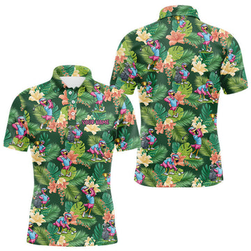 Maxcorners Funny Mens Golf Polo Shirt Custom Green Tropical Flower Flamingo Team Golf Shirts, Golf Gifts LM2704