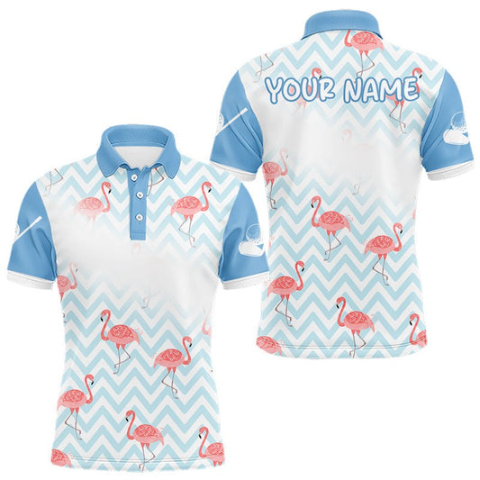 Maxcorners Funny Mens Golf Polo Shirt Custom Blue White Flamingo Pattern Golf Team Shirts LM2806
