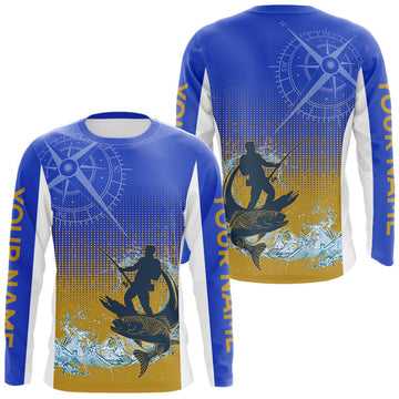 Maxcorners Trout Fishing Shirts Long Sleeve Fisherman Compass Blue And Yellow, Trout Fly Fishing Jerseys LM2901