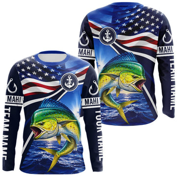Maxcorners American Flag Mahi Mahi Fishing Long Sleeve Saltwater Fishing Shirts, Custom Mahi Mahi Fishing Jerseys LM0609