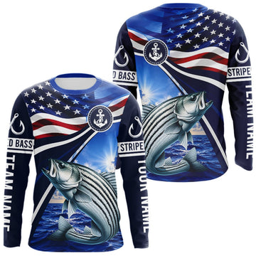 Maxcorners American Flag Striped Bass Fishing Long Sleeve Fishing Shirts Saltwater , Custom Striped Bass Fishing Jerseys LM0609