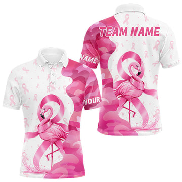 Maxcorners Flamingo Pink Glitter Ribbon Mens Golf Polo Custom Breast Cancer Awareness Golf Shirts, Golf Gifts