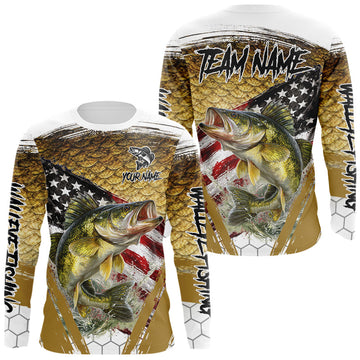 Maxcorners American Flag Walleye Fishing Shirts Long Sleeve Fish Scale, Custom Patriotric Walleye Fishing Shirts  LM0402