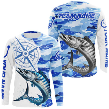 Maxcorners Custom Blue Camo Saltwater Wahoo Fishing Shirts Long Sleeve, Offshore Fishing Shirt LM0106