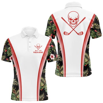 Maxcorners Custom Mens Golf Polo Shirts Funny Tropical Leaf Cross Skull Golf Clubs White Golf Shirt|Red LM1005