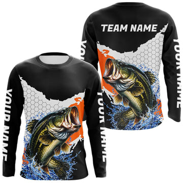 Maxcorners Black Orange Largemouth Bass Fishing Custom Long Sleeve Performance Fishing Shirts LM0410