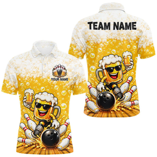 Maxcorners Custom Yellow Funny Bowling And Beer Jerseys, Bowling Team Men Polo Shirts Bowling League LM0510