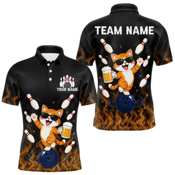 Maxcorners Orange Flame Funny Cat Bowling Team Shirt Customized Bowling Polo & 1/4 Zip Gift For Men LM0510