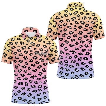 Maxcorners Mens Golf Polo Shirts Custom Colorful Neon Gradient Leopard Pattern Team Mens Golf Top, Golf Gifts